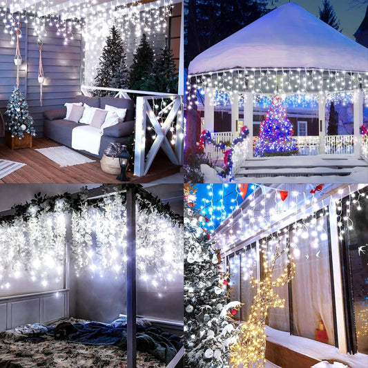 99FT Icicle Lights 1216 LED Christmas Lights 228 Drops White Curtain String Light 8 Modes Twinkling Fairy Lights