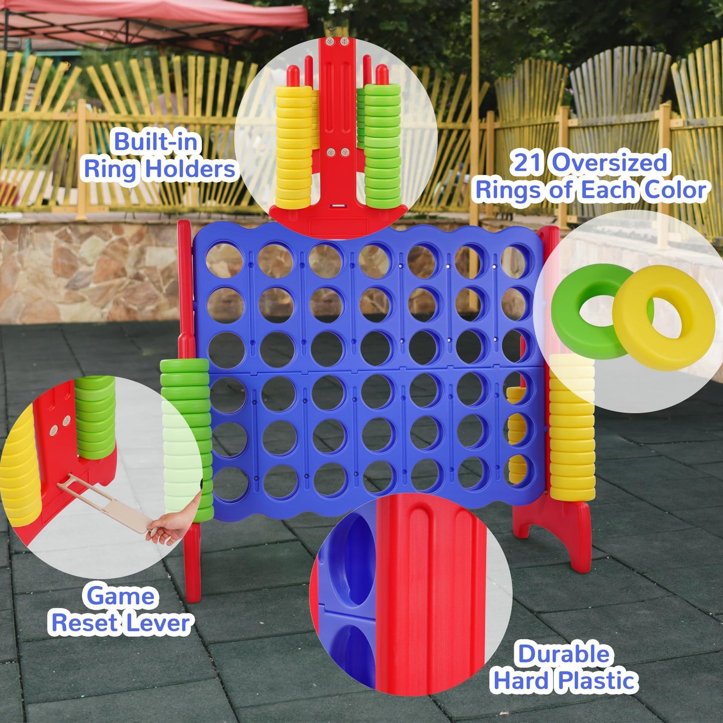 Giant 4-in-a-Row 4 to Score Connect Game with Basketball Hoop and Ring Toss for Kids and Adults, 42 Rings and Quick-Release Slider