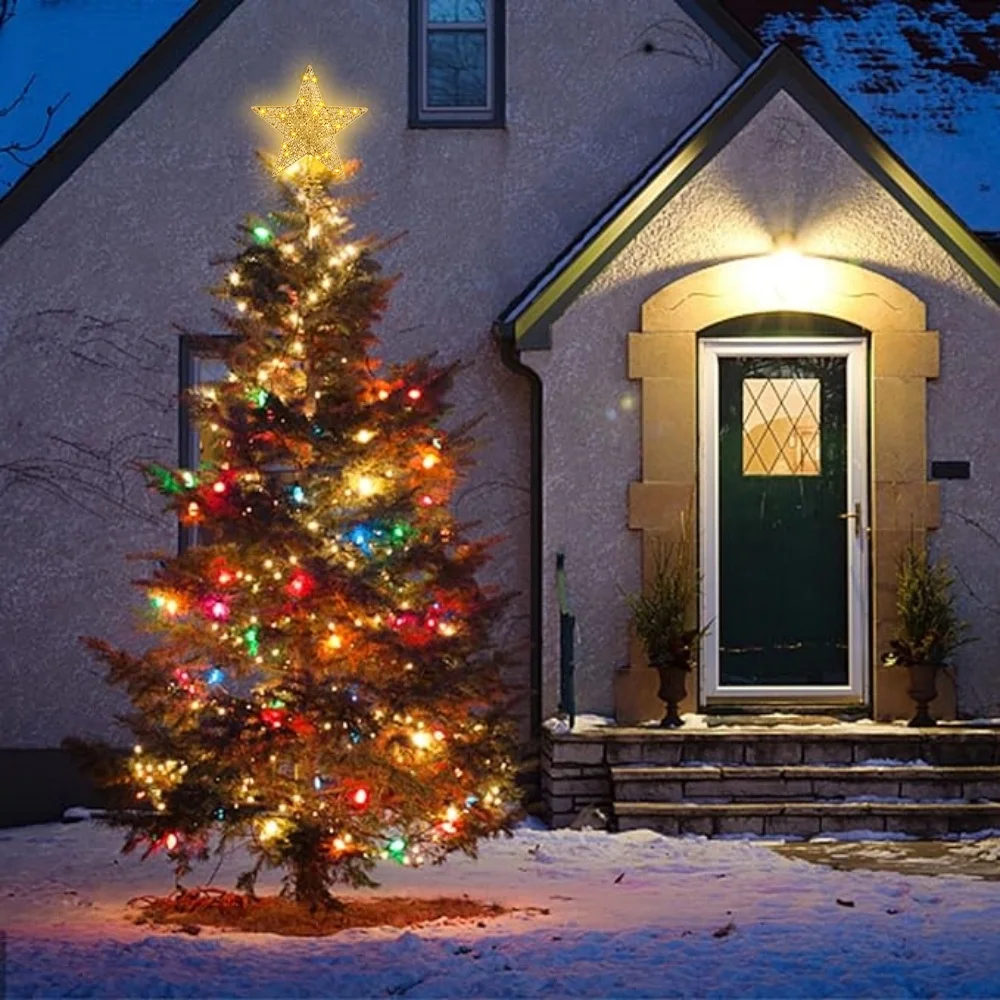 12 Inch Christmas Tree Topper, 30 LED Lighted Glitter Warm Lights Gold Star Tree Topper