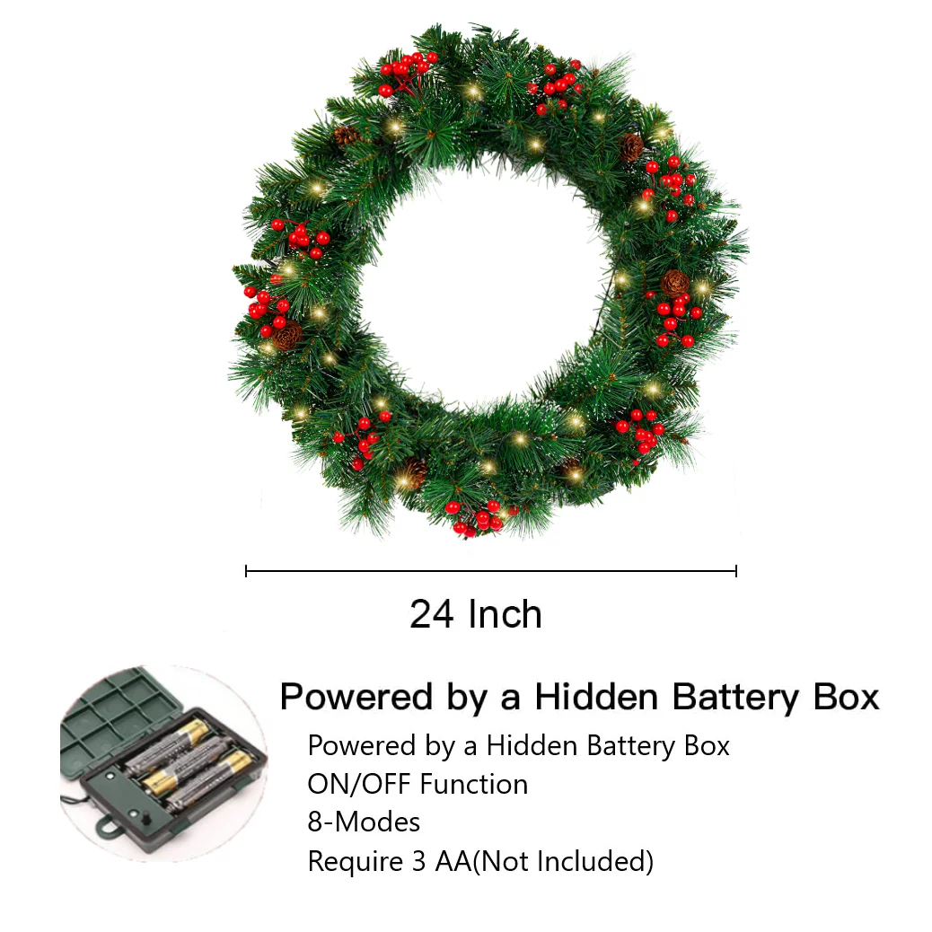 24In Pre-Lit Artificial Christmas Wreaths for Front Door Christmas Decorated ,50 Warm White LED lights for Indoor Outdoor