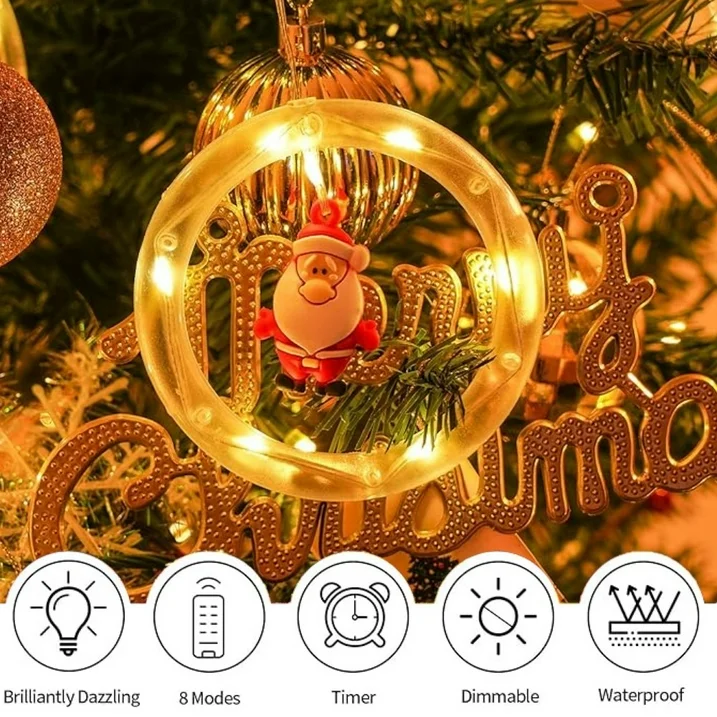 Christmas Curtain Lights 9.8ft 8 Modes Ring String Lights Ornaments Hooks Remote Control Timer