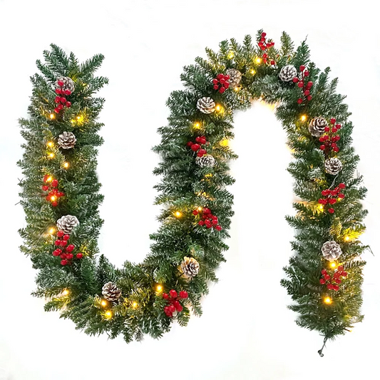 9ft Christmas Garland 50 LED Prelit Artificial Garland with Pine Cones and Berries