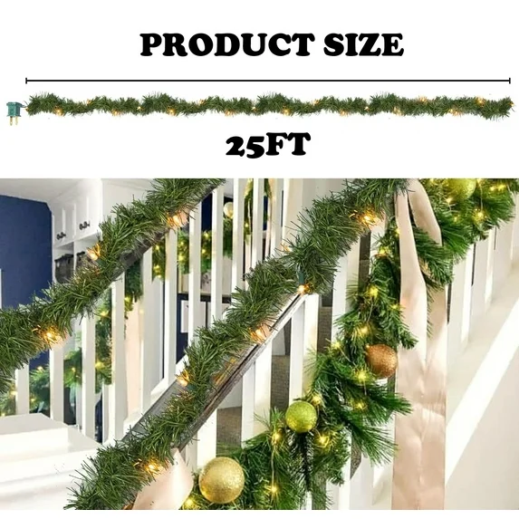 25Ft Christmas Garland Pre-Lit 100 Warm White Lights Soft Artificial Christmas Garland Fireplace Xmas Christmas Collection