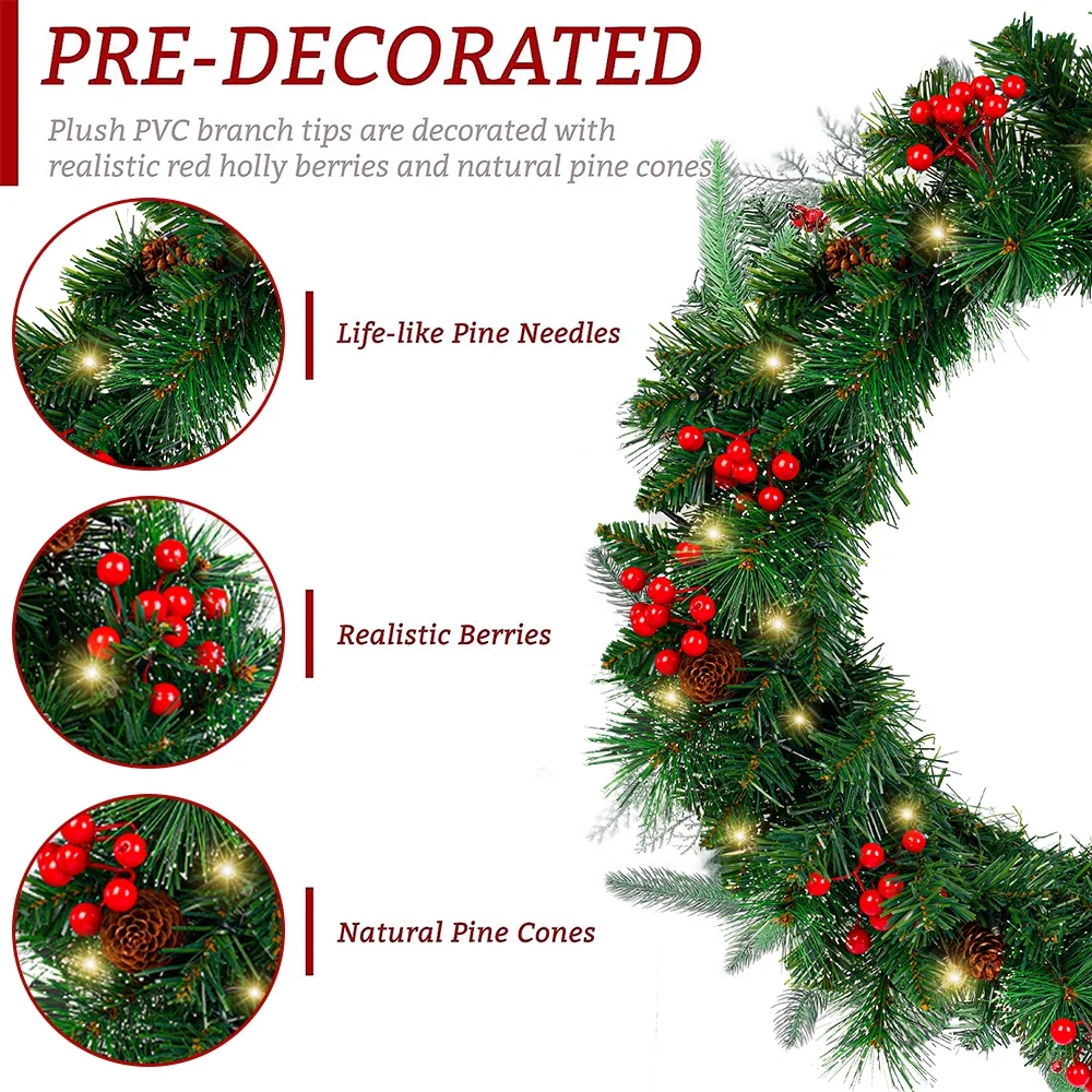 24In Pre-Lit Artificial Christmas Wreaths for Front Door Christmas Decorated ,50 Warm White LED lights for Indoor Outdoor