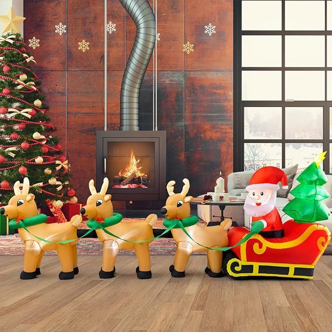 12Ft Inflatables Santa Claus on Sleigh 3 Reindeers Christmas Tree Lighted Xmas Decor Inflatables Christmas Gifts