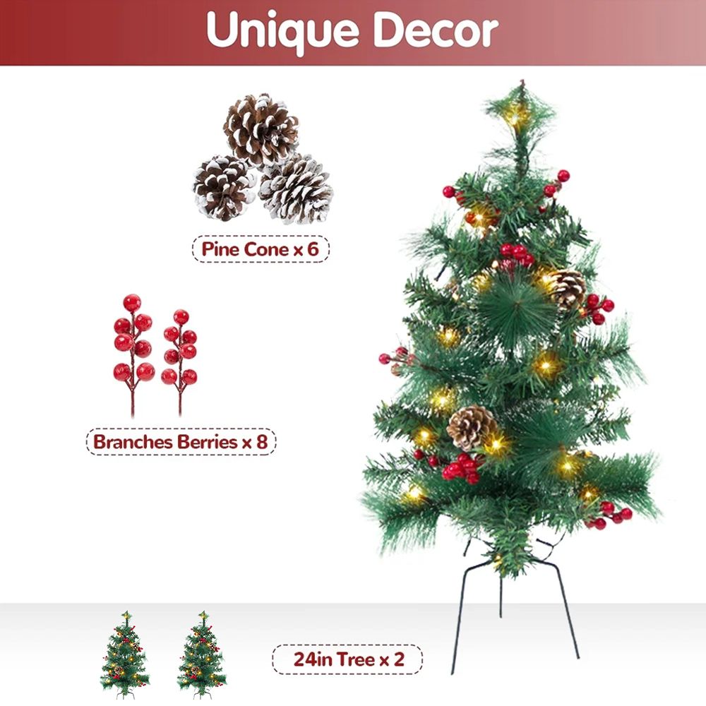 24in Mini Christmas Trees Set of 2 Artificial Christmas Trees Pre Lit 30 LED Lights Pine Berries Xmas Decor