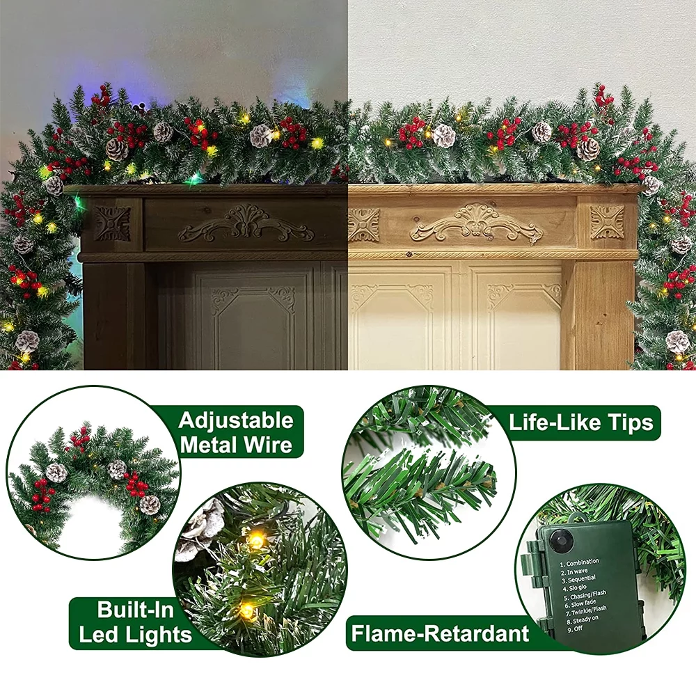 9ft Christmas Garland 50 LED Prelit Artificial Garland with Pine Cones and Berries