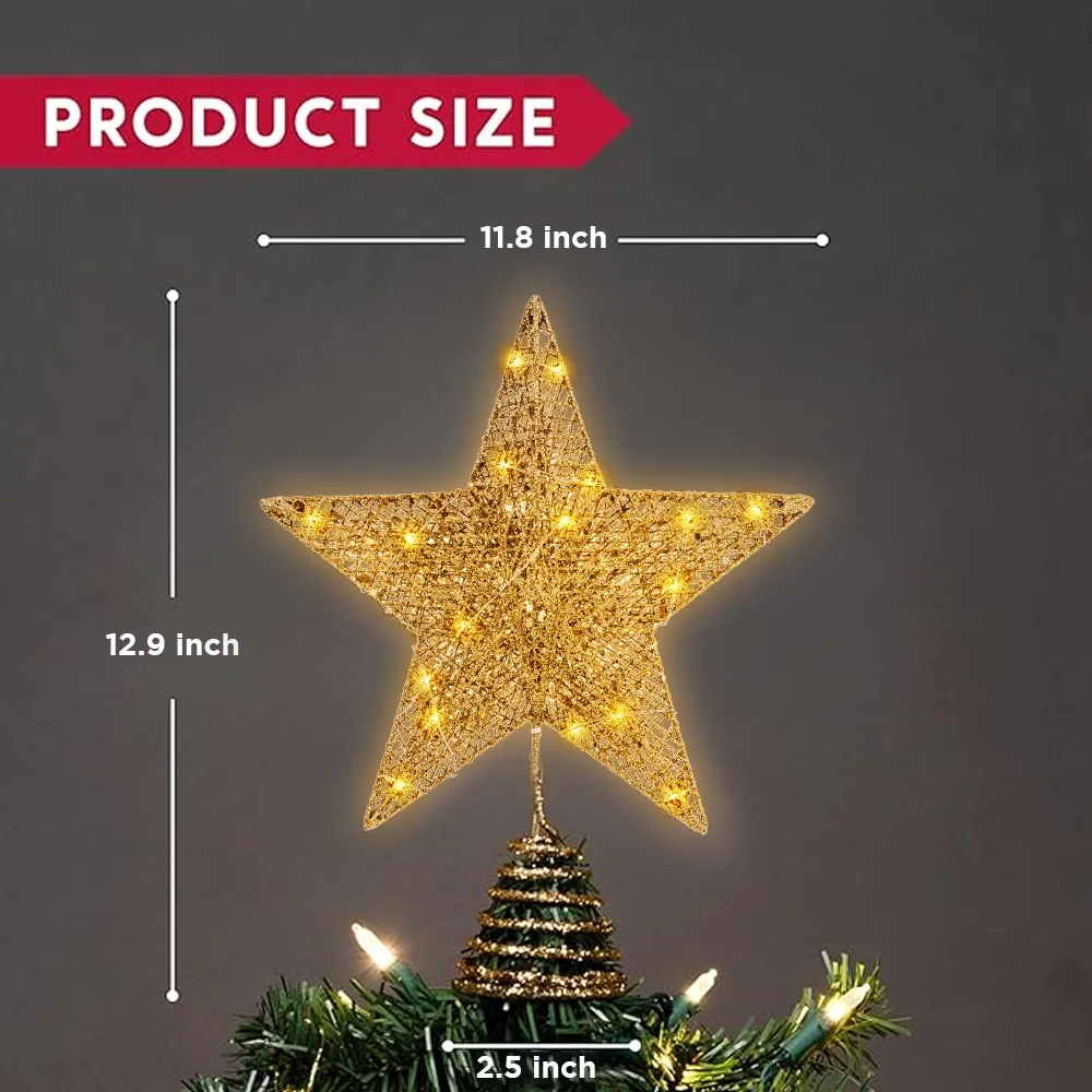 12 Inch Christmas Tree Topper, 30 LED Lighted Glitter Warm Lights Gold Star Tree Topper