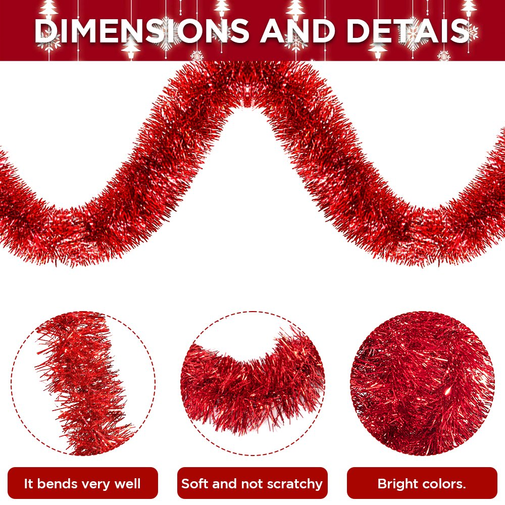 50FT Red Metallic Twist Shiny Garland for Christmas Tree Decorations, Xmas Hanging Decor for Indoor Outdoor Use