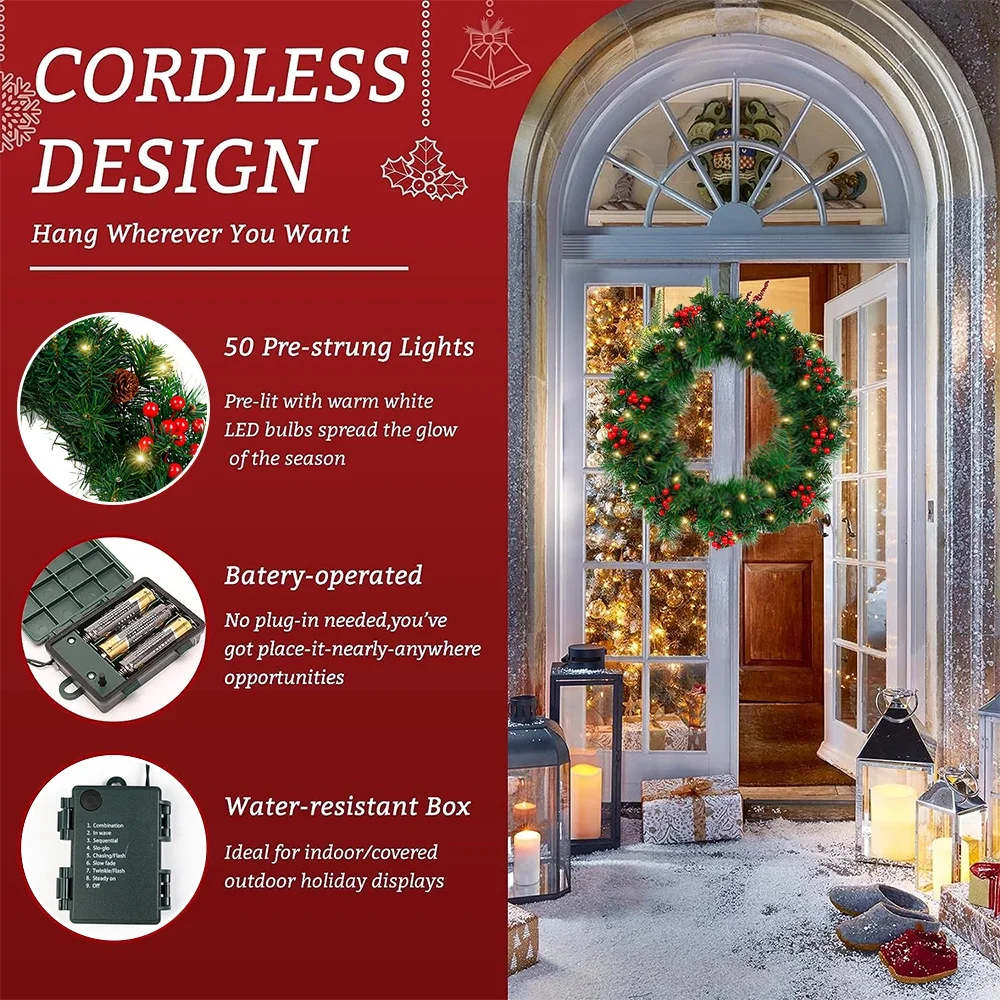 24In Pre-Lit Artificial Christmas Wreaths for Front Door Christmas Decorated ,50 Warm White LED lights for Indoor Outdoor
