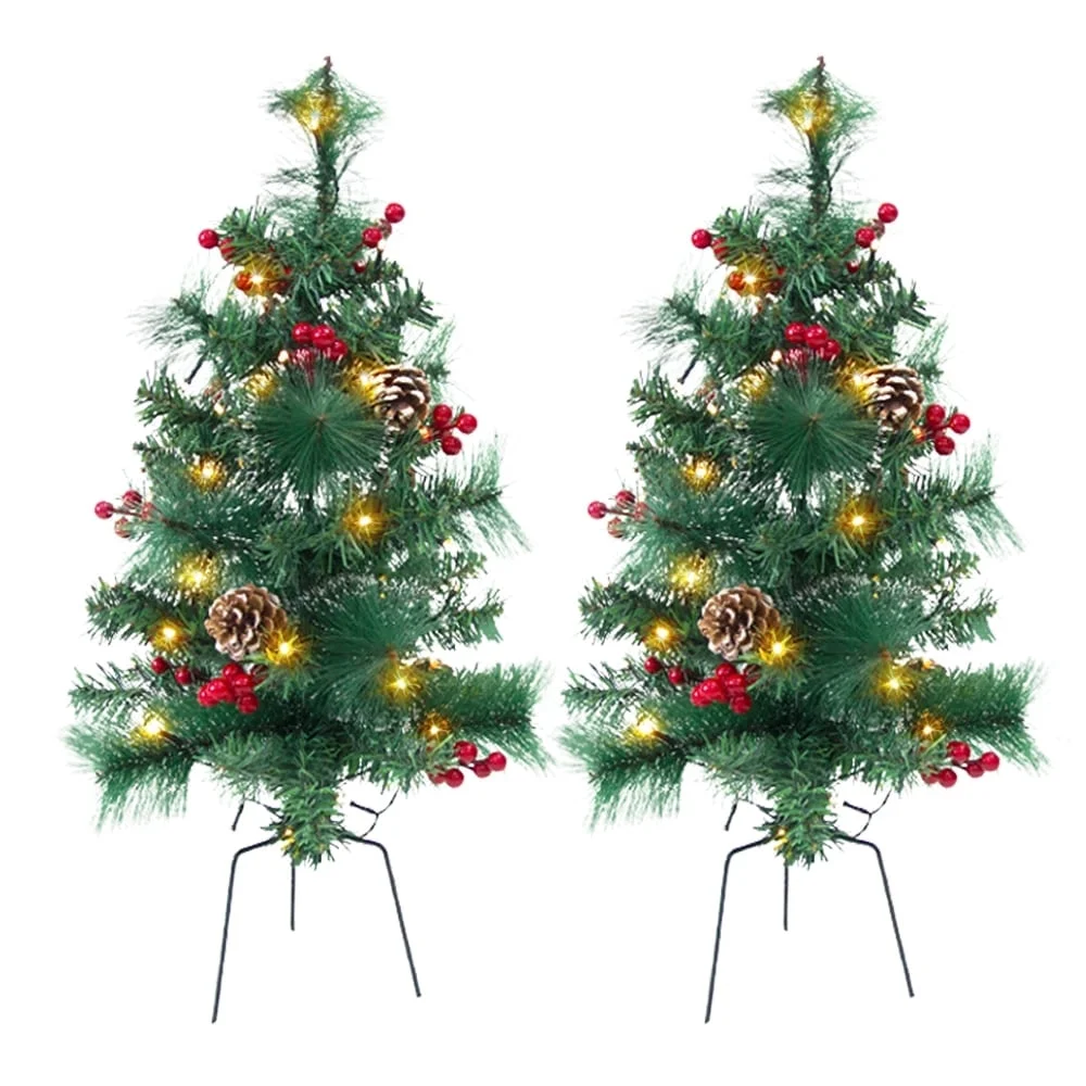 24in Mini Christmas Trees Set of 2 Artificial Christmas Trees Pre Lit 30 LED Lights Pine Berries Xmas Decor