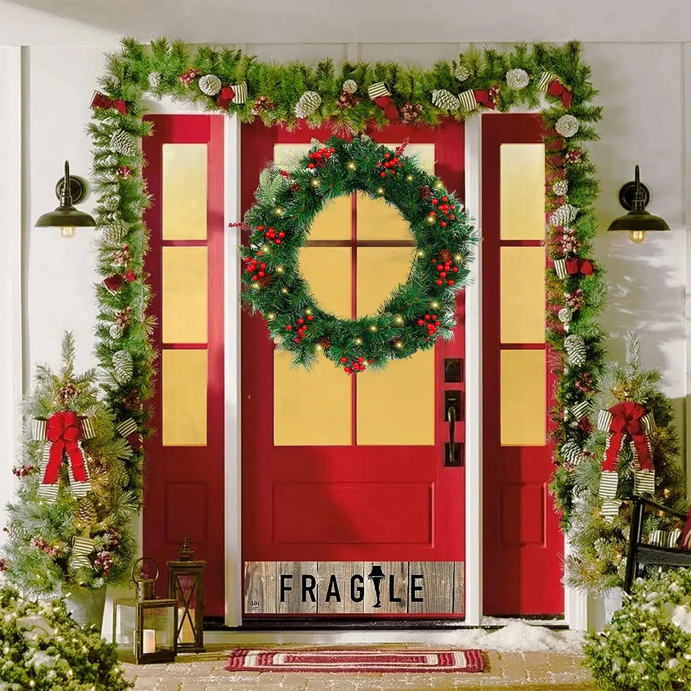 24In Pre-Lit Artificial Christmas Wreaths for Front Door Christmas Decorated ,50 Warm White LED lights for Indoor Outdoor