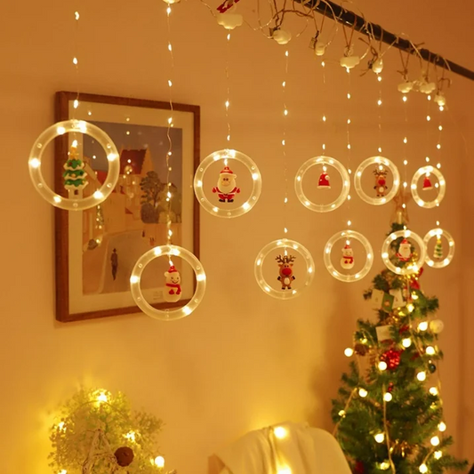 Christmas Curtain Lights 9.8ft 8 Modes Ring String Lights Ornaments Hooks Remote Control Timer
