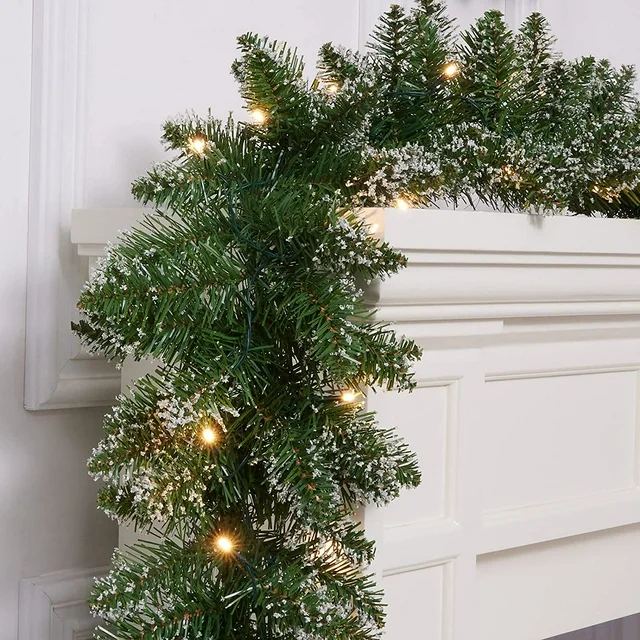 18ft Christmas Garland 50 LED Lights Pre-Lit Artificial Xmas Garland Snow Flocked Wall Christmas Decorations