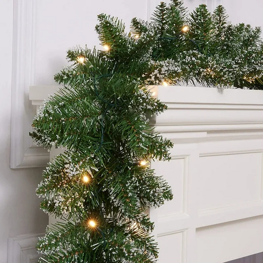 18ft Christmas Garland 50 LED Lights Pre-Lit Artificial Xmas Garland Snow Flocked Wall Christmas Decorations