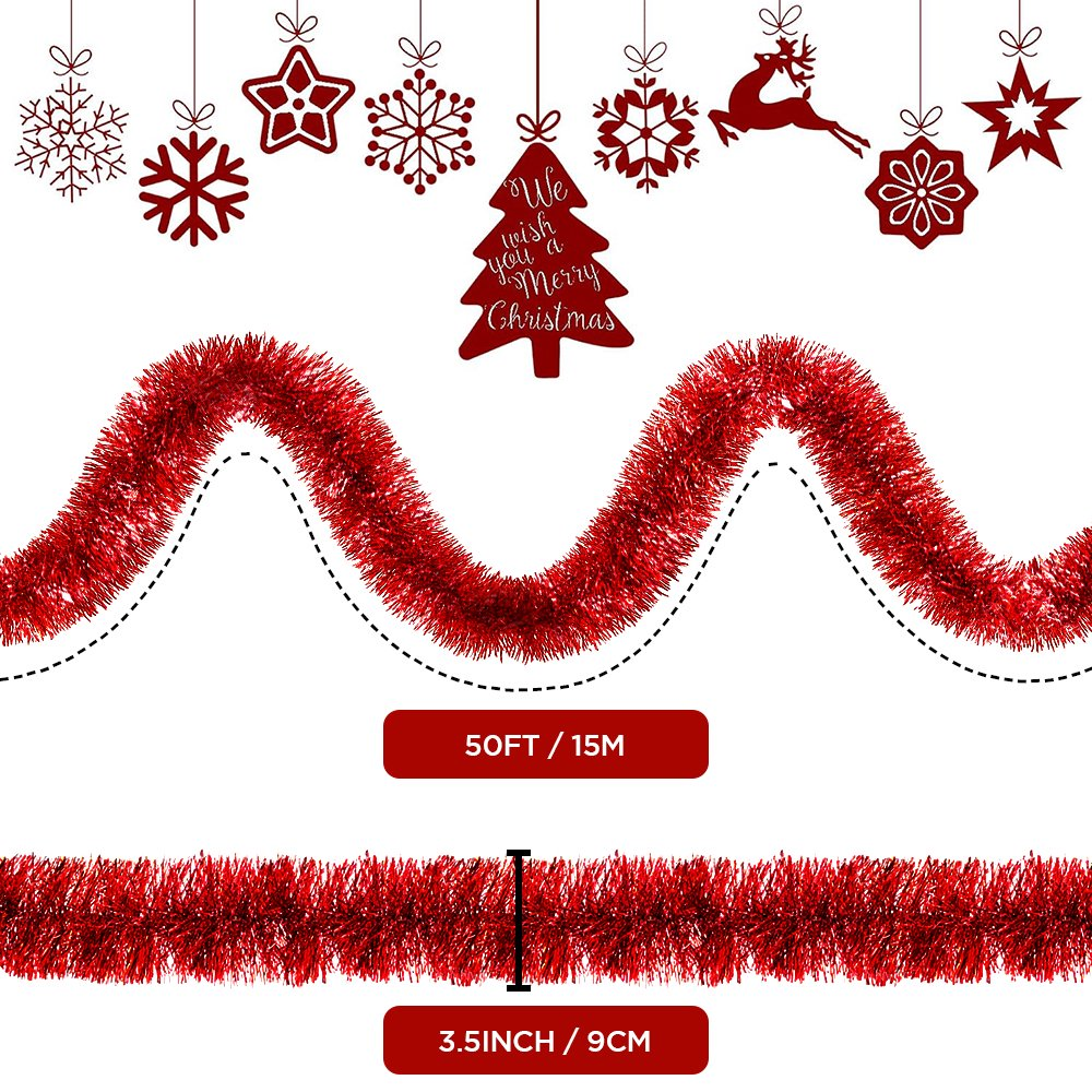 50FT Red Metallic Twist Shiny Garland for Christmas Tree Decorations, Xmas Hanging Decor for Indoor Outdoor Use