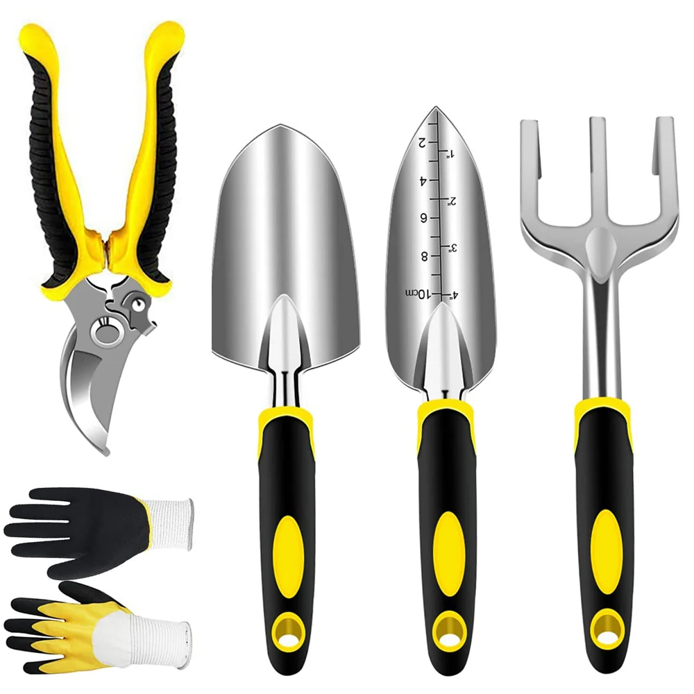 Garden Tools Set with Pruning Shears Hand Trowel Transplanter Hand Rake Gardening Gloves 5 Pcs