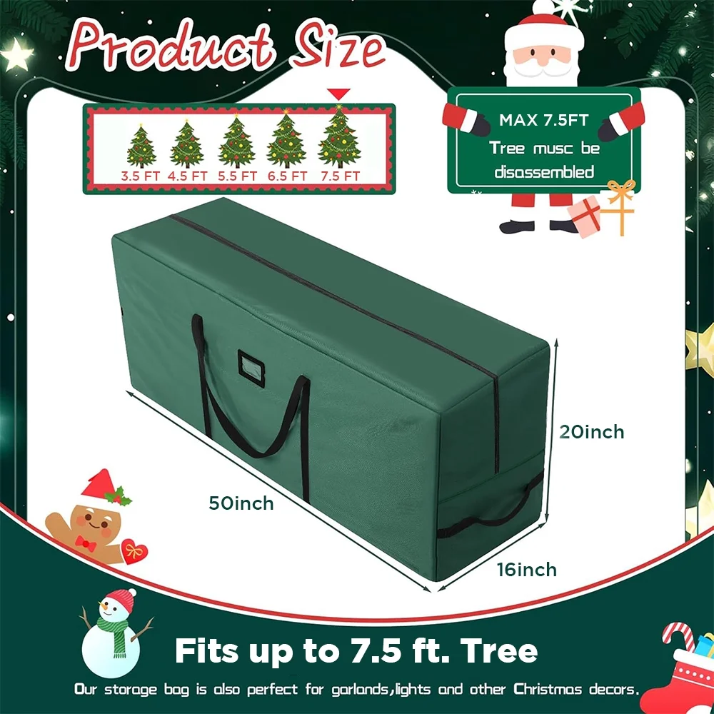 7.5Ft Christmas Tree Storage Bag, Used For Holding Artificial Christmas Trees, Green (50"x16"x20")