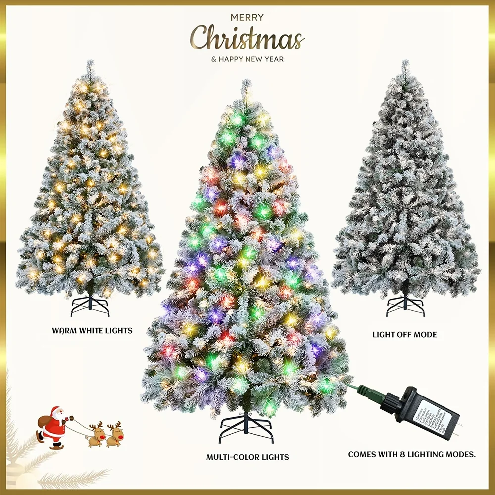 7.5Ft Christmas Tree 550 Multicolored Lights Snow Flocked Pine Tree 9 Light Lighting Modes Party Decoration
