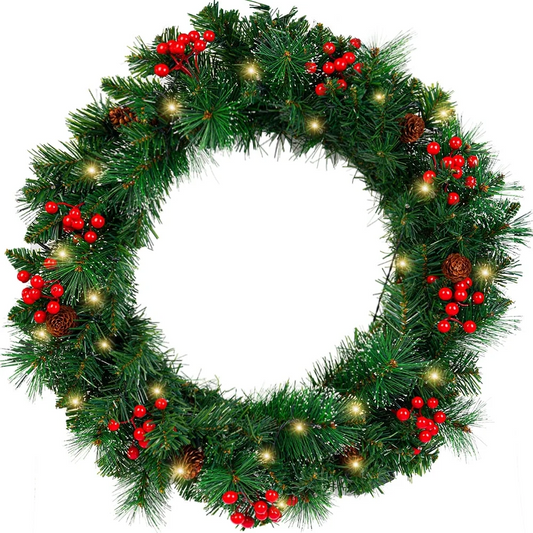 24In Pre-Lit Artificial Christmas Wreaths for Front Door Christmas Decorated ,50 Warm White LED lights for Indoor Outdoor