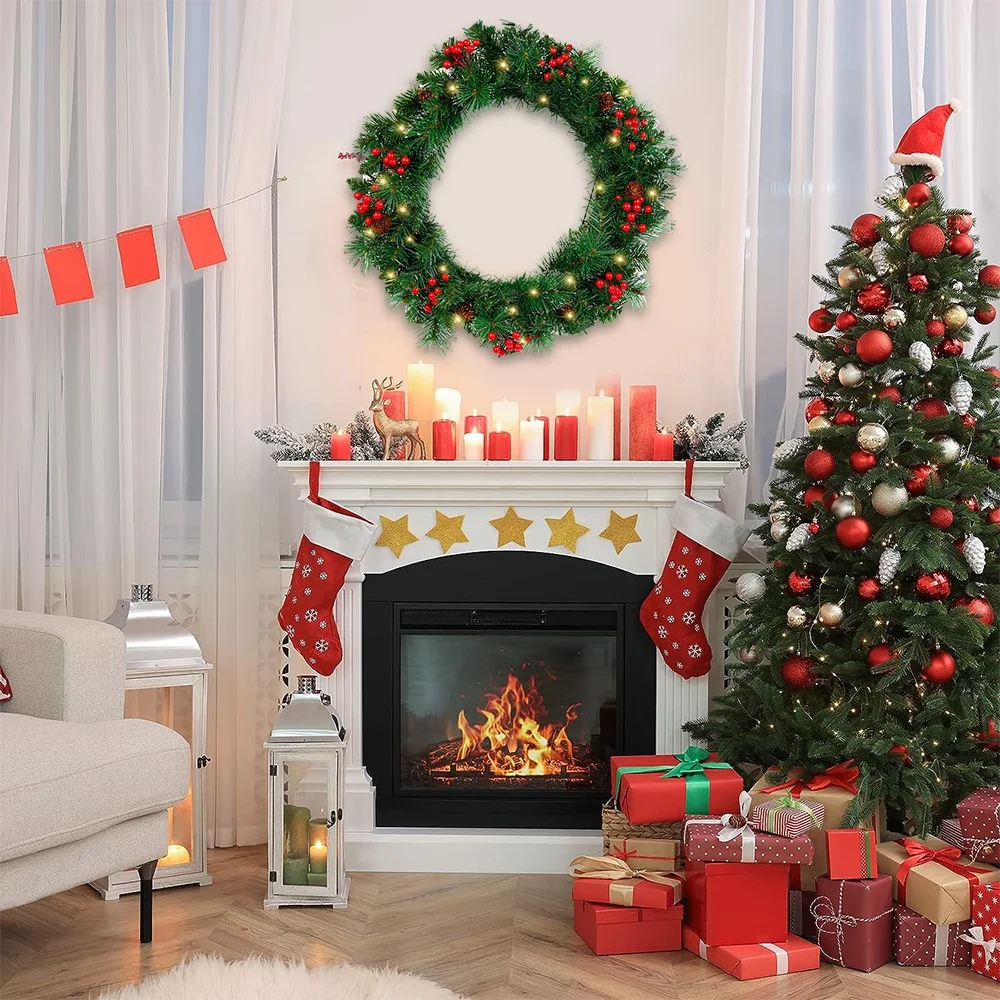 24In Pre-Lit Artificial Christmas Wreaths for Front Door Christmas Decorated ,50 Warm White LED lights for Indoor Outdoor