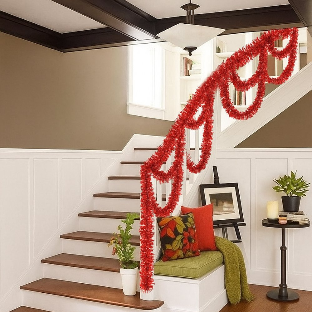 50FT Red Metallic Twist Shiny Garland for Christmas Tree Decorations, Xmas Hanging Decor for Indoor Outdoor Use