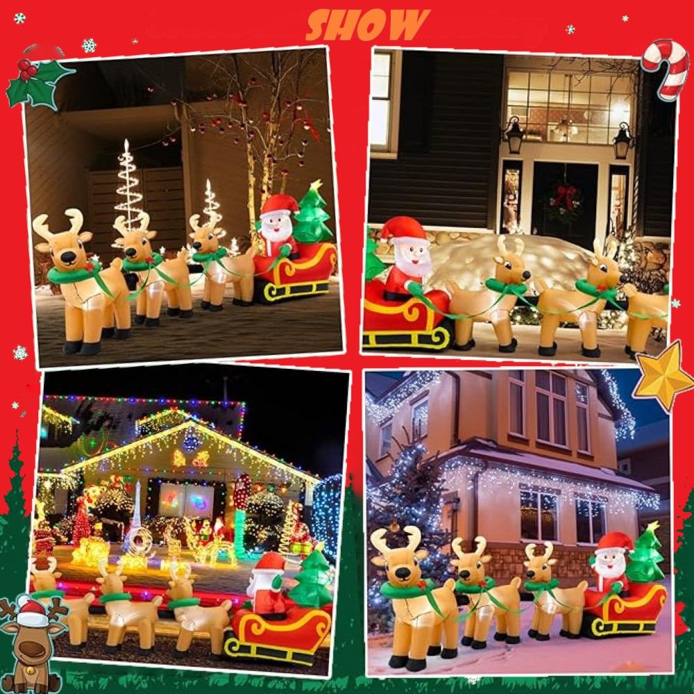 12Ft Inflatables Santa Claus on Sleigh 3 Reindeers Christmas Tree Lighted Xmas Decor Inflatables Christmas Gifts