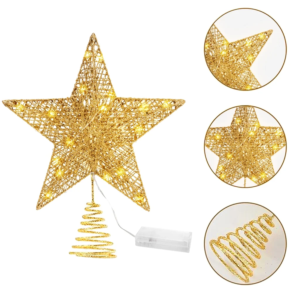 12 Inch Christmas Tree Topper, 30 LED Lighted Glitter Warm Lights Gold Star Tree Topper