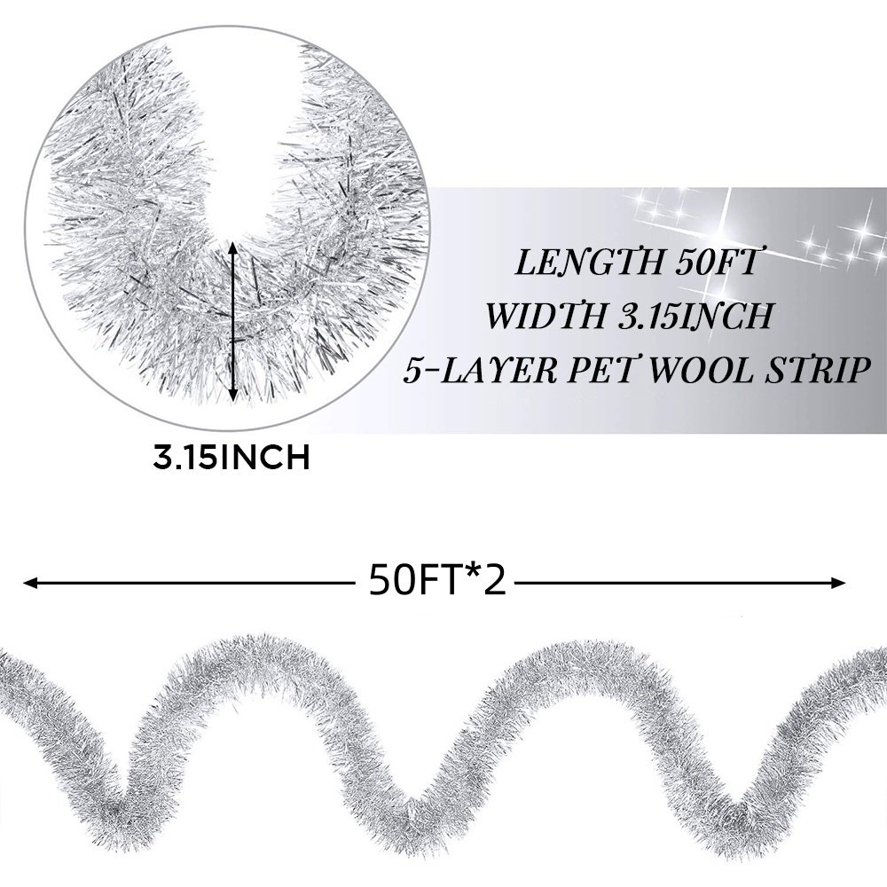 50FT*2 Silver Metallic Twist Shiny Garland for Christmas Tree Decorations, Xmas Hanging Decor for Indoor Outdoor Use