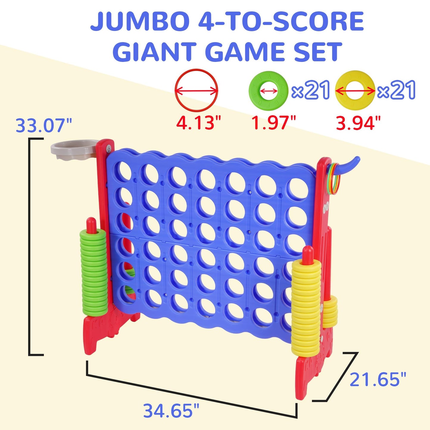 Giant 4-in-a-Row 4 to Score Connect Game with Basketball Hoop and Ring Toss for Kids and Adults, 42 Rings and Quick-Release Slider