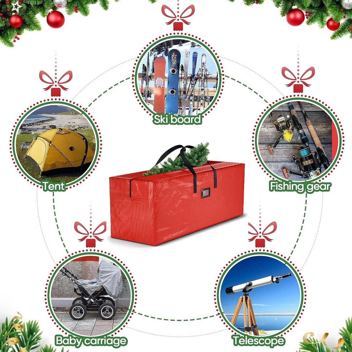 Christmas Tree Storage Bag - Fits 7.5 ft Disassembled Trees with 48"x15"x20" Zippered Handles Red