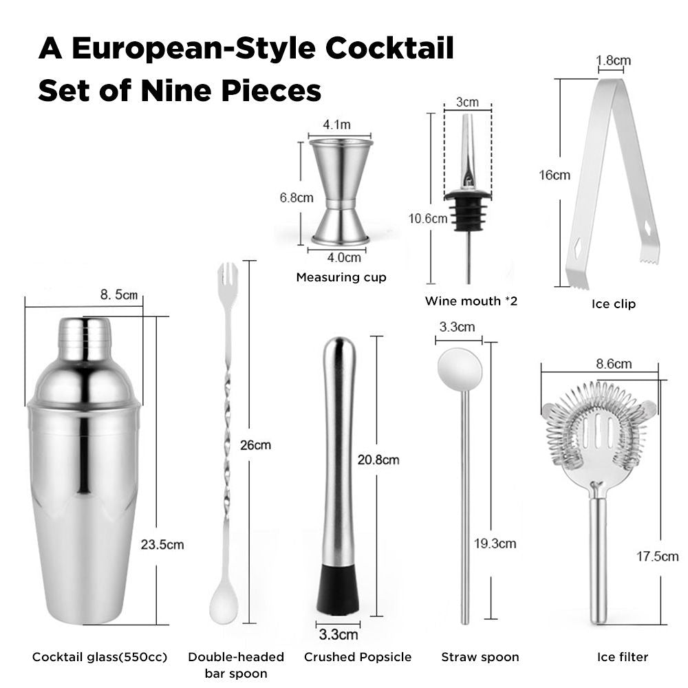 9 Piece Stainless Steel Cocktail Shaker Set Bar Tools Bartending Kit Gift Set For Home Bar Party with Bar Accessories