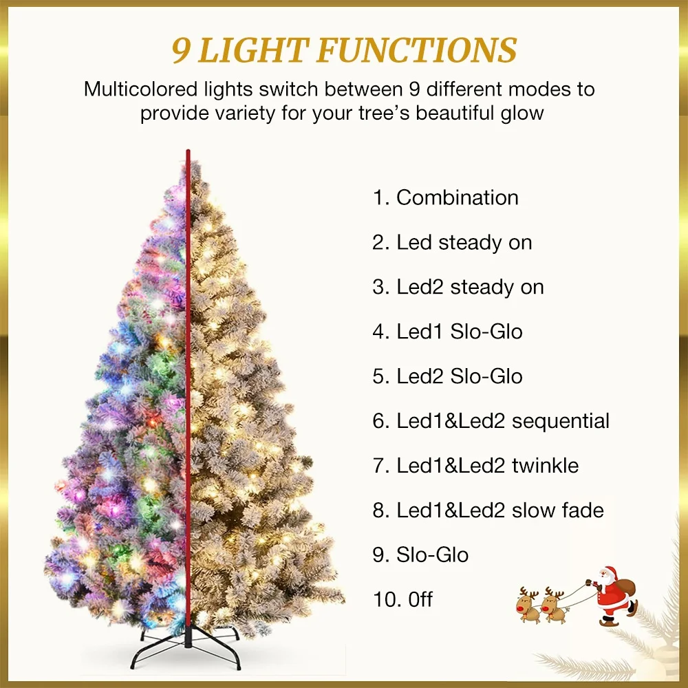 7.5Ft Christmas Tree 550 Multicolored Lights Snow Flocked Pine Tree 9 Light Lighting Modes Party Decoration
