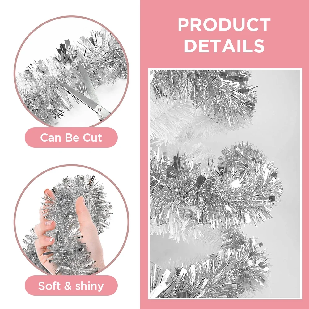 50FT*2 Silver Metallic Twist Shiny Garland for Christmas Tree Decorations, Xmas Hanging Decor for Indoor Outdoor Use