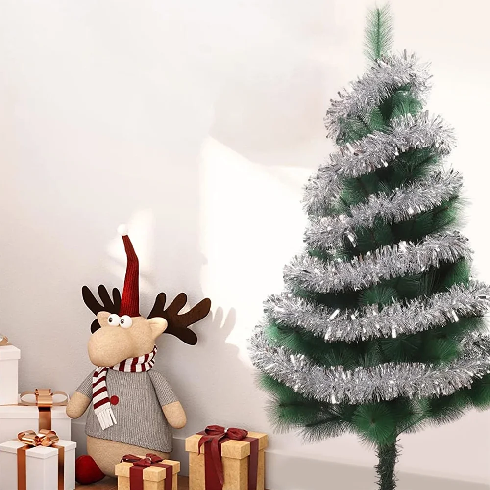 50FT*2 Silver Metallic Twist Shiny Garland for Christmas Tree Decorations, Xmas Hanging Decor for Indoor Outdoor Use