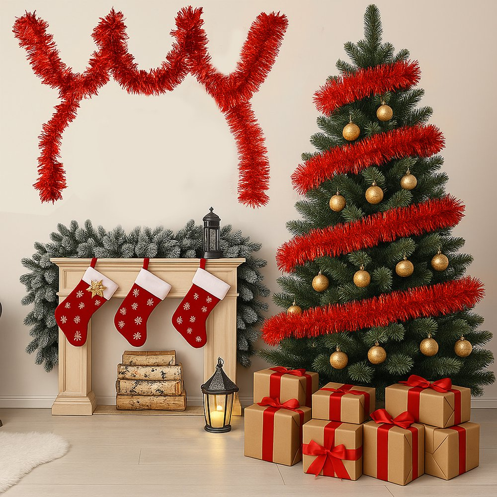 50FT Red Metallic Twist Shiny Garland for Christmas Tree Decorations, Xmas Hanging Decor for Indoor Outdoor Use