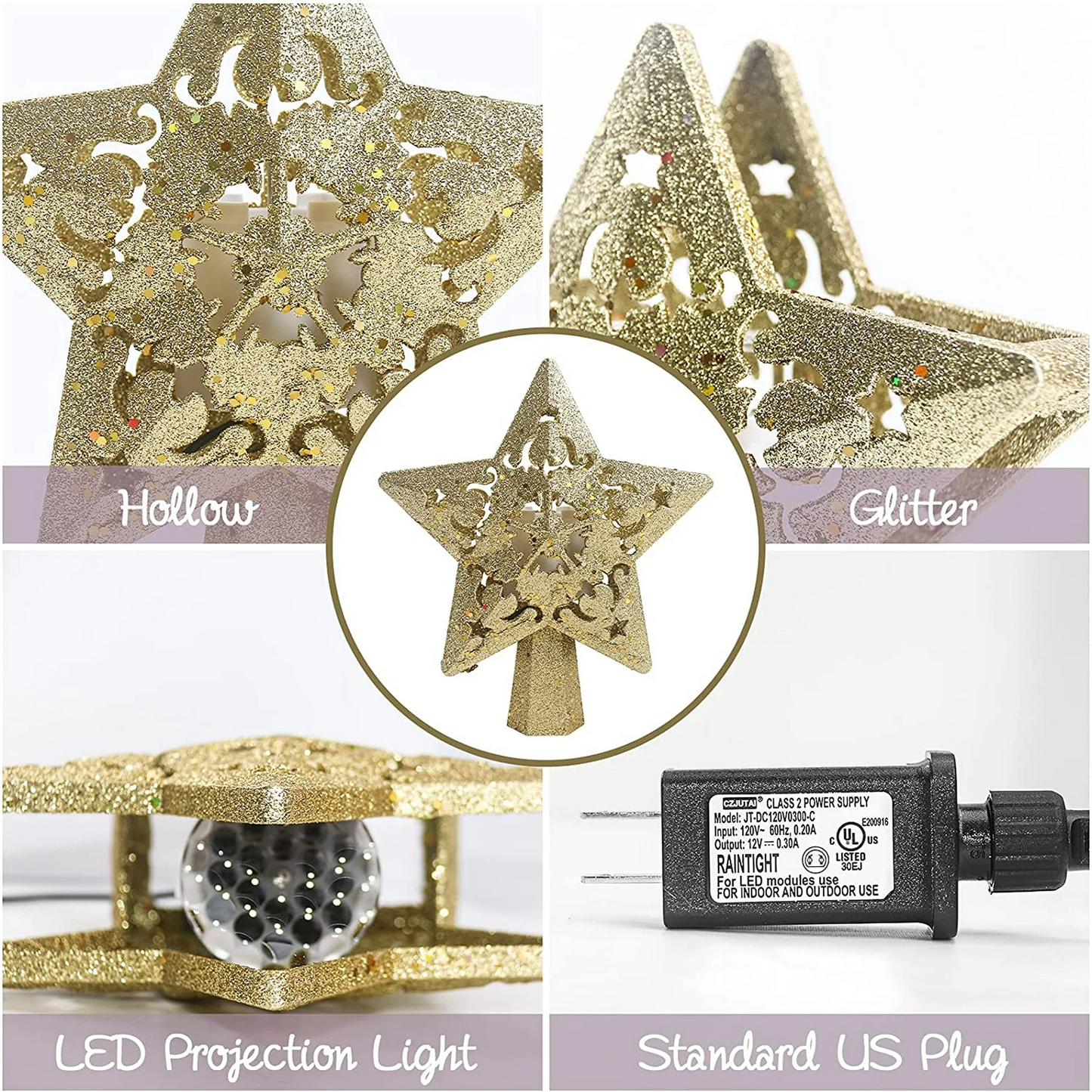 Christmas Star Tree Topper Star Projector Built-in Led 360° Rotating Pentagram Plug in