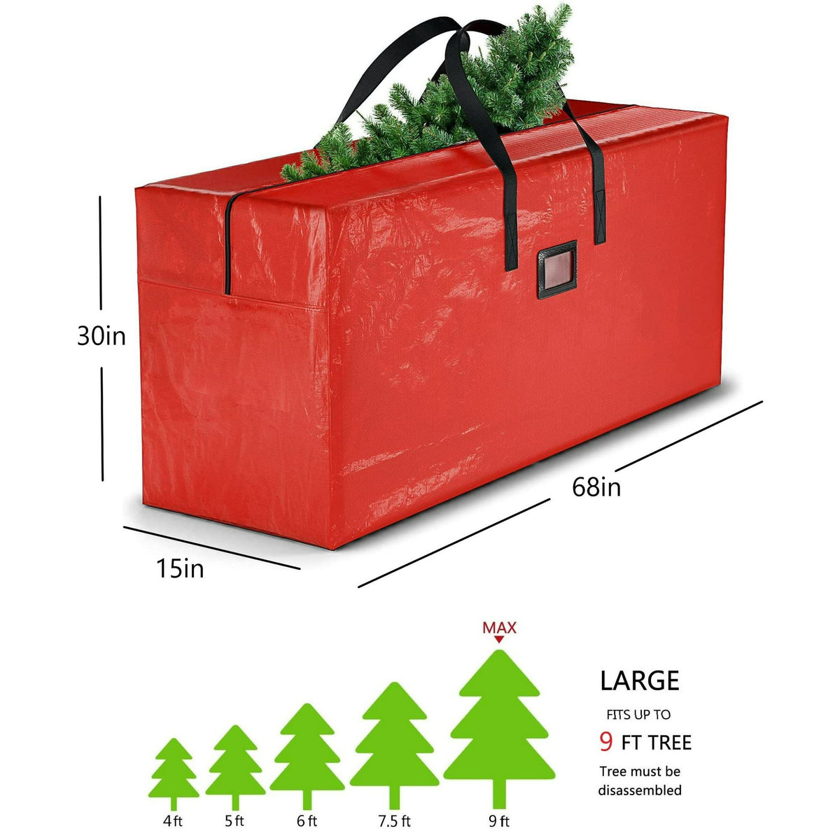 Christmas Tree Storage Bag - Fits 9 ft Disassembled Trees with 65"x15"x30"Zippered Handles Red