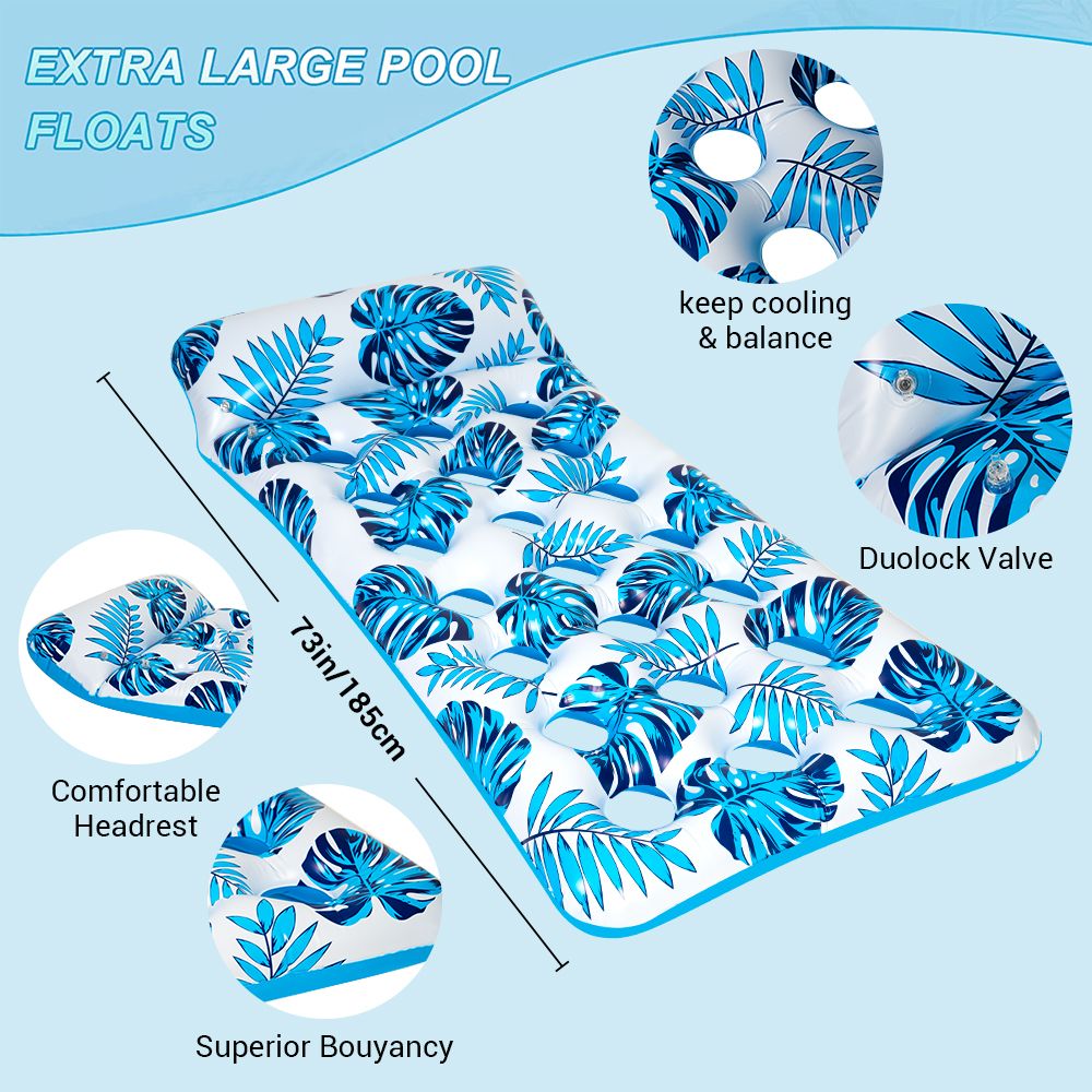 2 Pack Inflatable Pool Float Mat 73"x34" Adult Lounger Float with Headrest Pool Lounge Chair Floating Blue