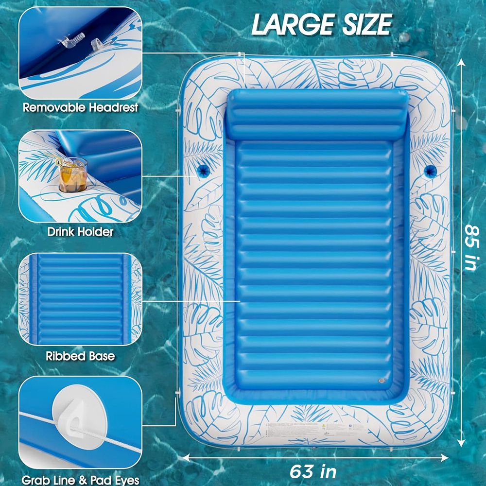 Inflatable Lounger Float Pool Floating Bed Backrest Floating Raft Drink Holder 85" x 63" Blue