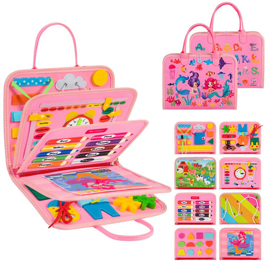 Busy Board 8 in 1 Busy Book Montessori Toys for Toddler Sensory Toys Developing Sensory Board Travel Toys Pink