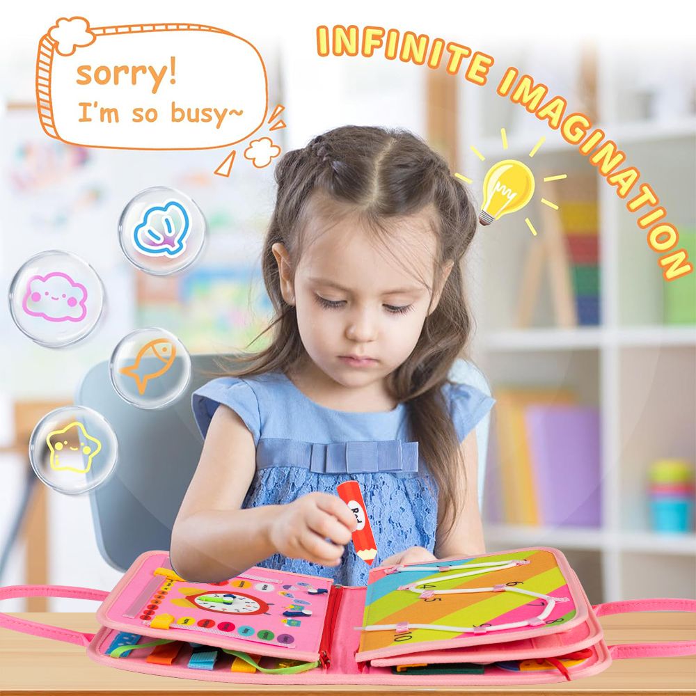 Busy Board 8 in 1 Busy Book Montessori Toys for Toddler Sensory Toys Developing Sensory Board Travel Toys Pink