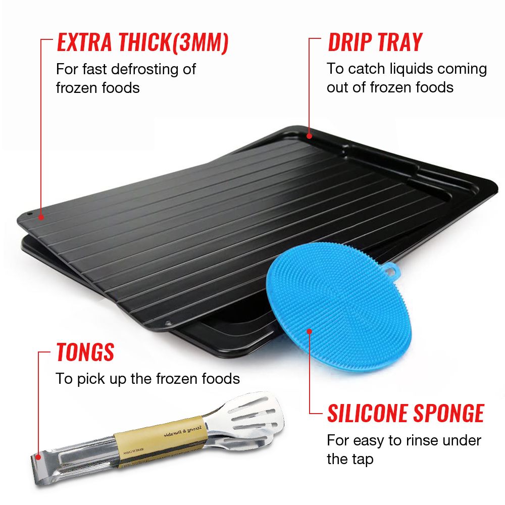 Defrosting Tray with Drip Plate Tongs Sponge Defrosting Board Fast Safe Thawing Frozen Meat Foods