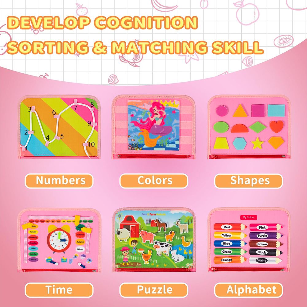 Busy Board 8 in 1 Busy Book Montessori Toys for Toddler Sensory Toys Developing Sensory Board Travel Toys Pink