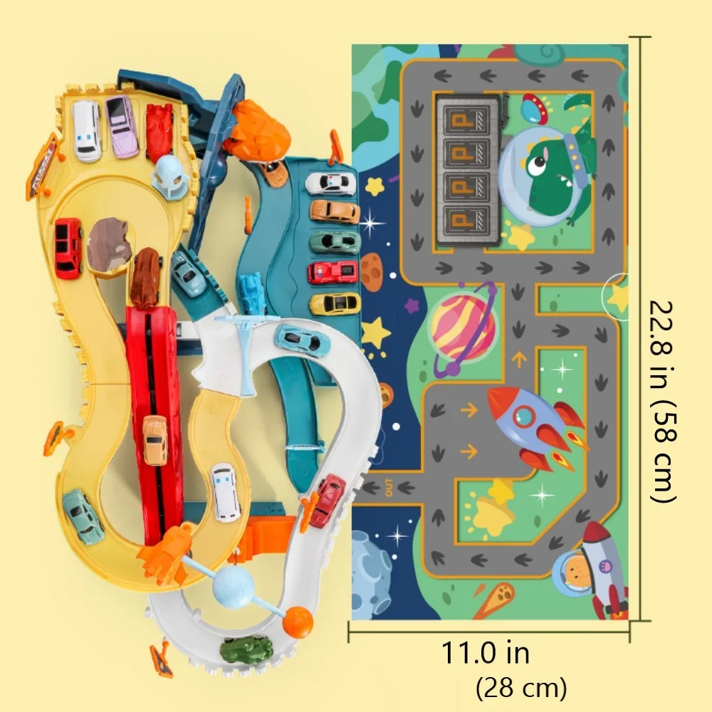 Dinosaur Race Track Toy Race Car Track Set with 4 Cars Light Sound Car Playset Gift Kids Age 3+
