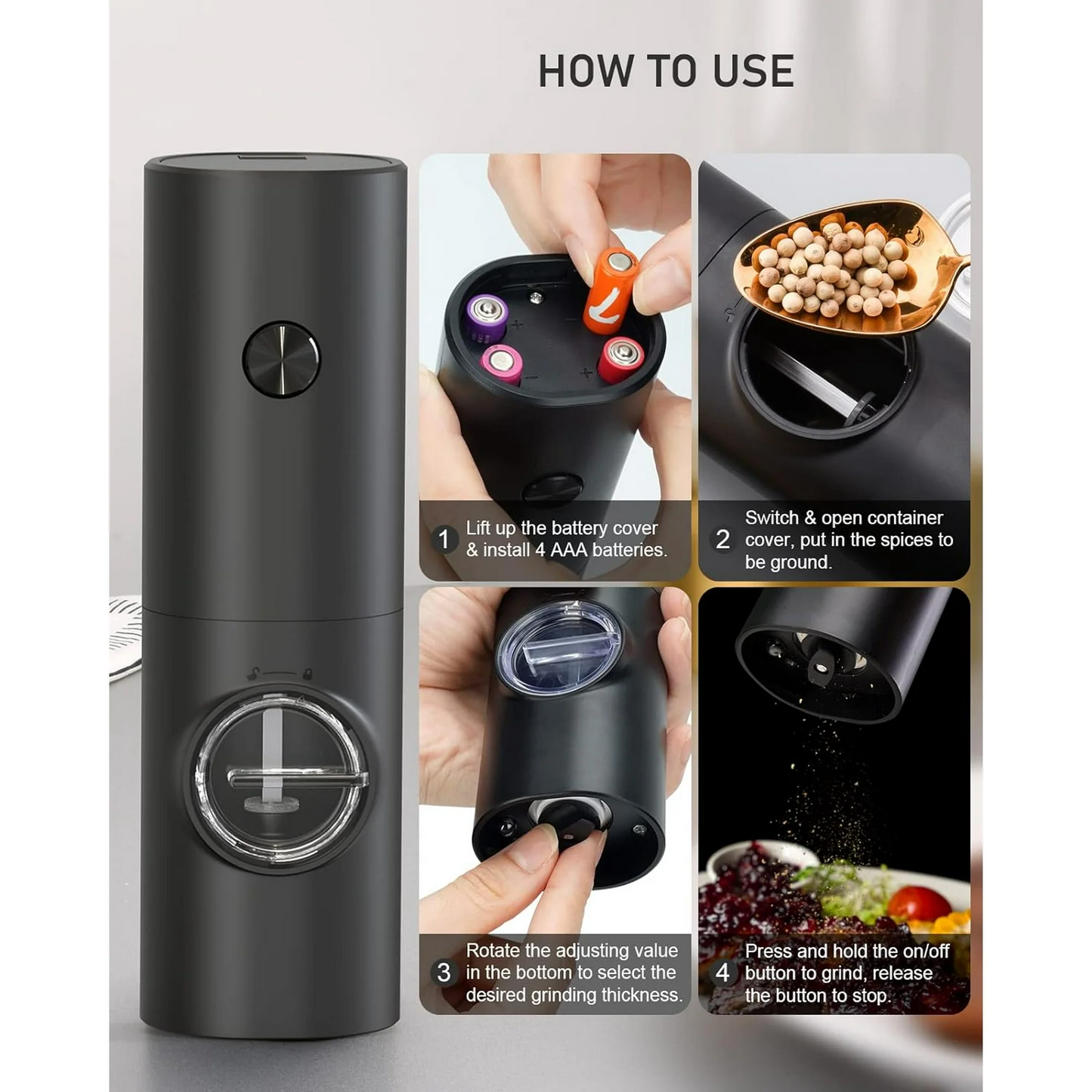 Automatic Battery-Powered Salt & Pepper Grinder Set with Adjustable Coarseness