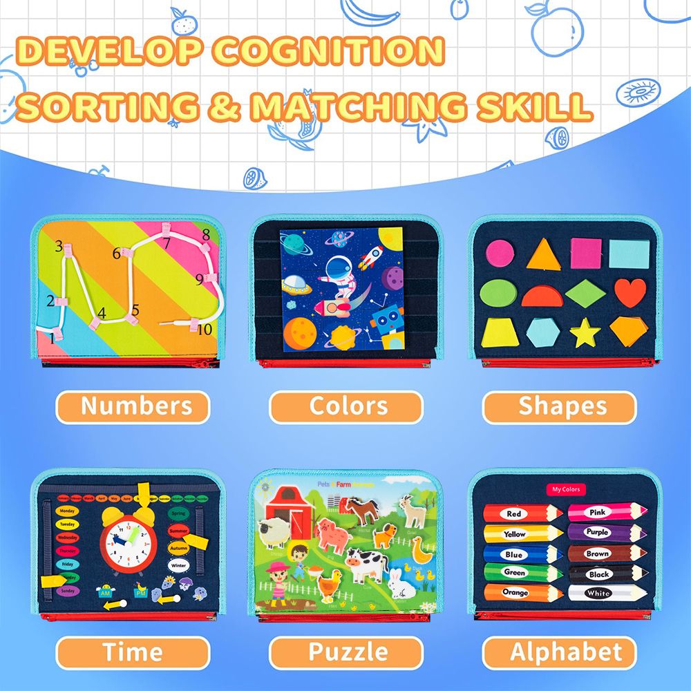 Busy Board 8 in 1 Busy Book Montessori Toys for Toddler Sensory Toys Developing Sensory Board Travel Toys Blue