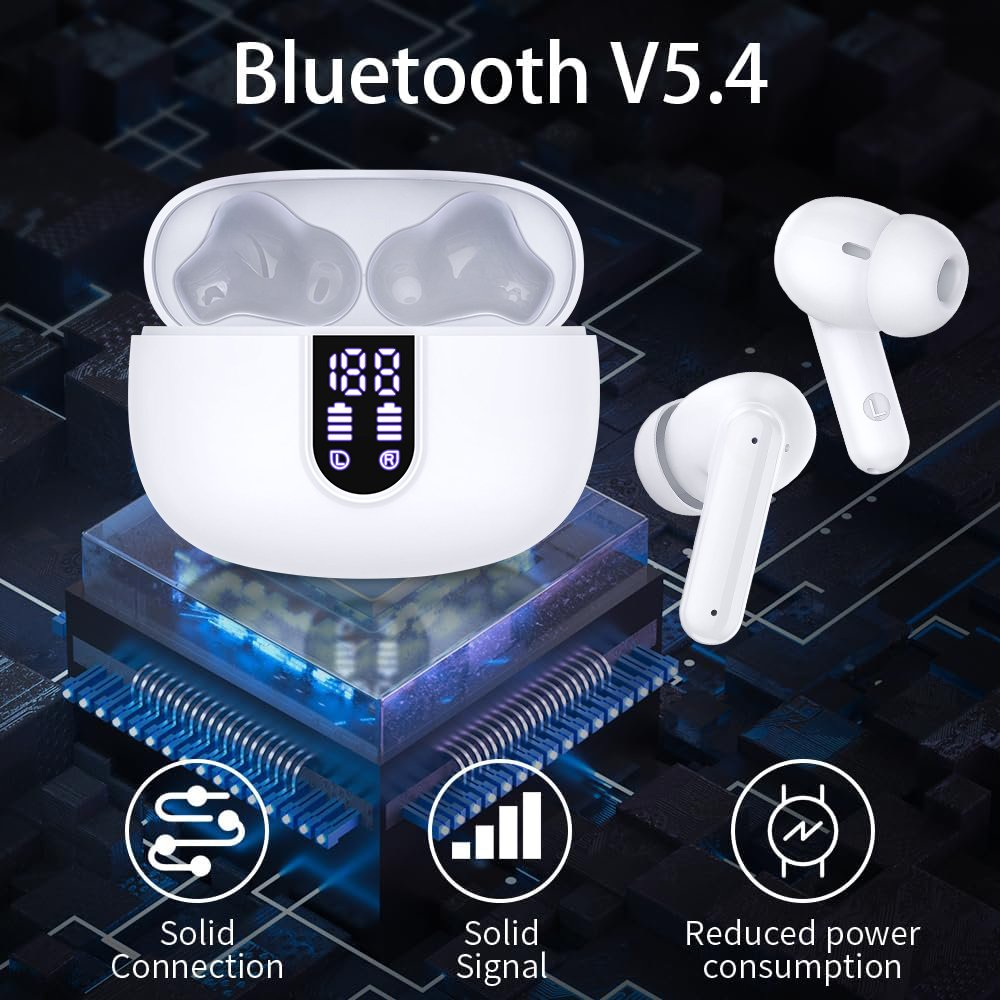 Wireless Earbuds Bluetooth Headphones LED Display Waterproof In-Ear Earphones White