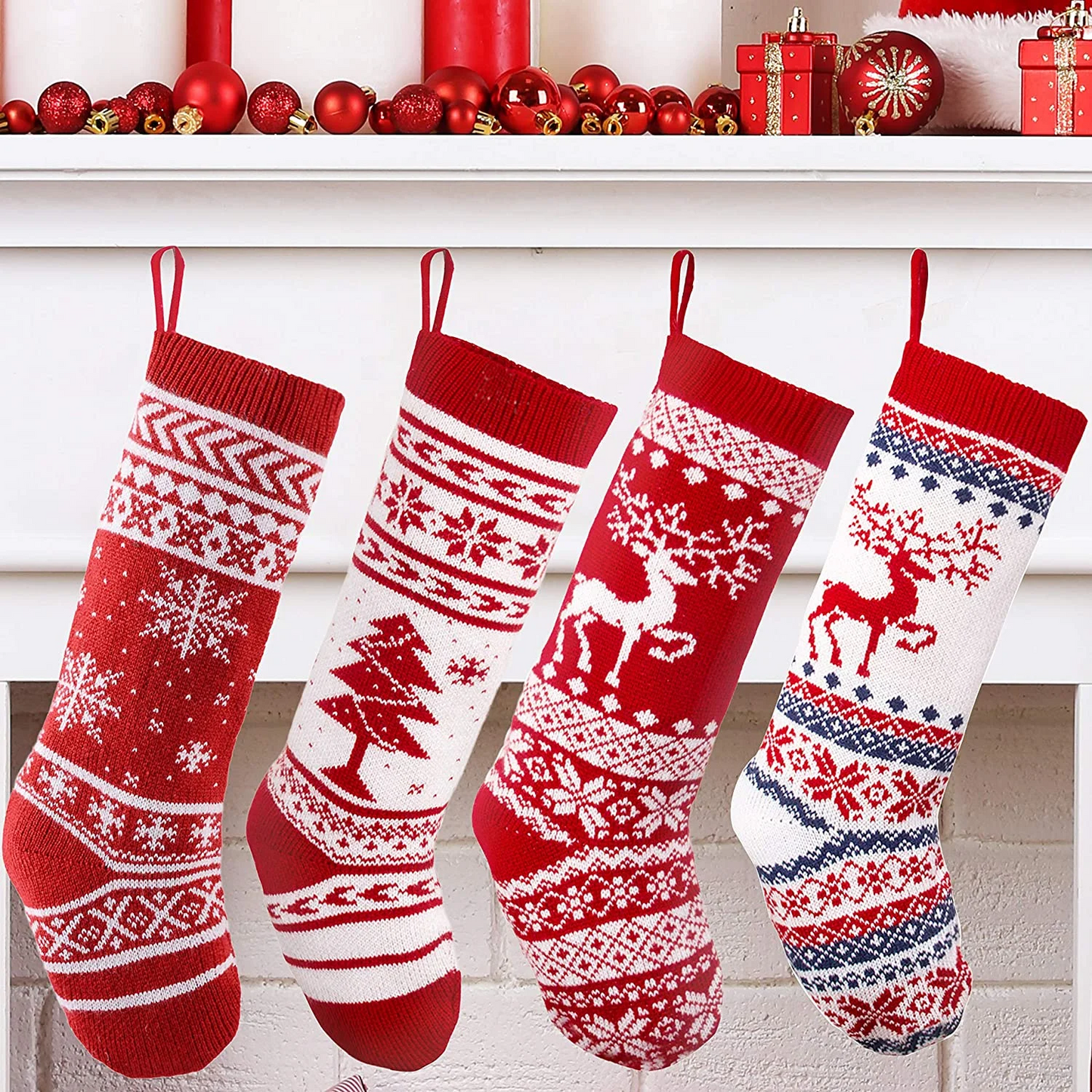 18" Knit Christmas Stockings Hanging Rustic Stocking 4 Pcs