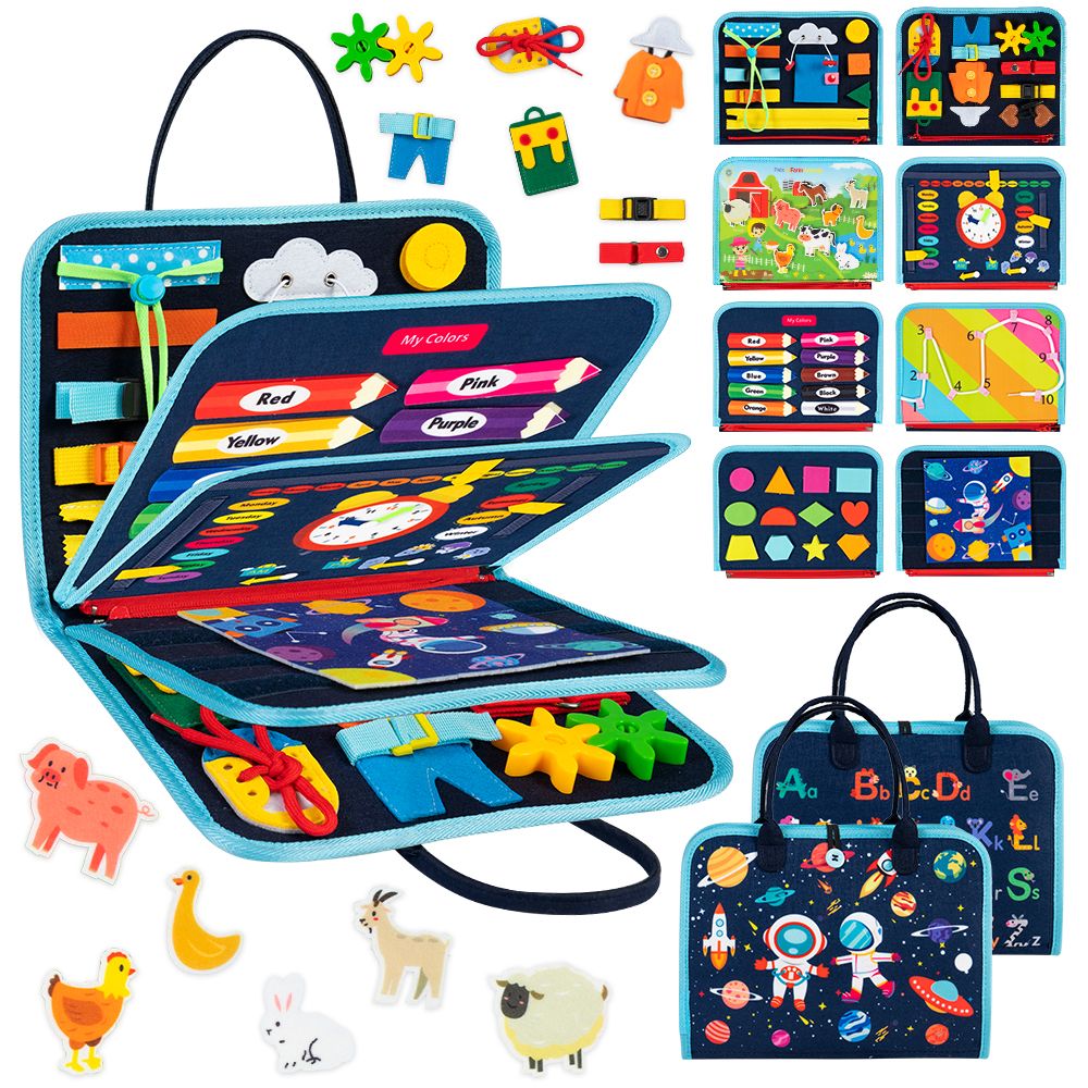 Busy Board 8 in 1 Busy Book Montessori Toys for Toddler Sensory Toys Developing Sensory Board Travel Toys Blue